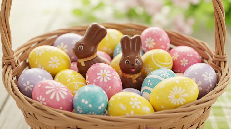 Colorful Easter Basket with Decorative Eggs and Chocolate Bunnies Captures the Joyful Spirit of Spring Celebrations and Family Traditions in a Charming Setting