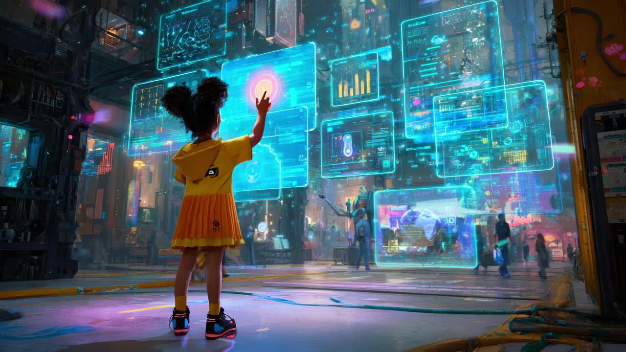 A young girl in a futuristic urban setting interacts with glowing digital displays, surrounded by advanced technology and vibrant city life, exploring the possibilities of a connected world