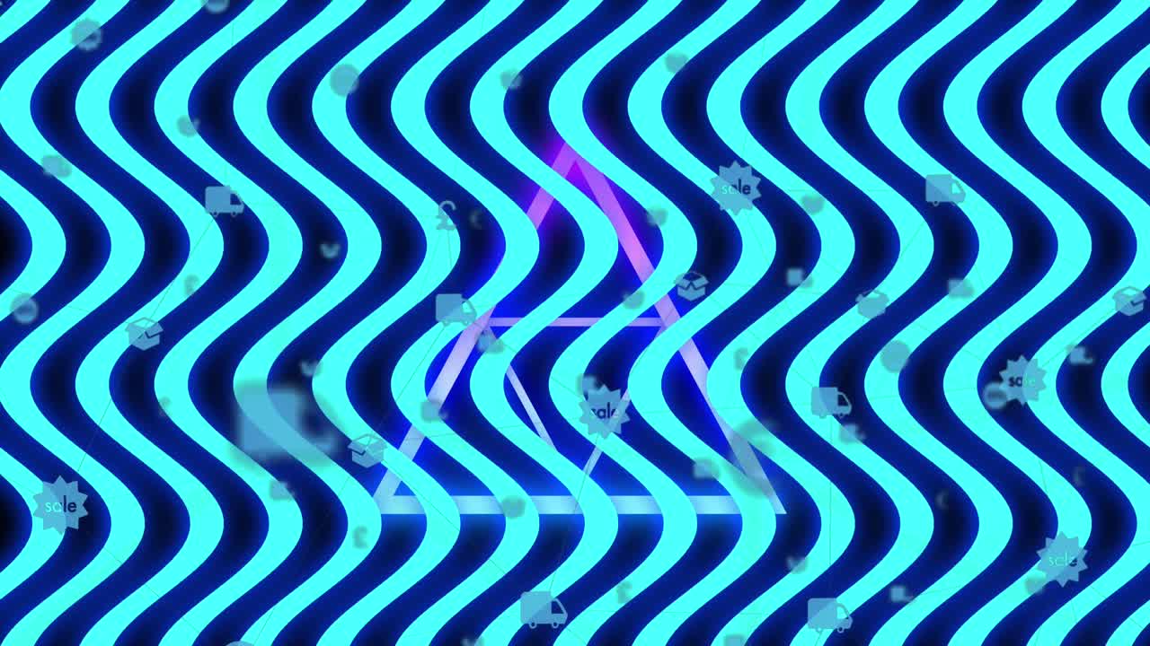 Animation of glowing blue waving lines over glowing purple triangles in background