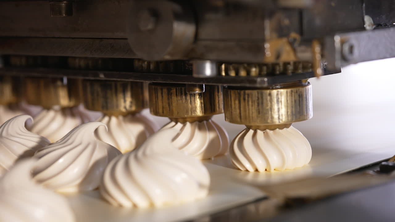 Machine producing white vanilla marshmallows. Creamy desserts are laid on the conveyor line. Close up.
