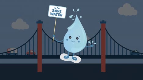 Animation-of-save-water-text-over-water-drop-and-bridge