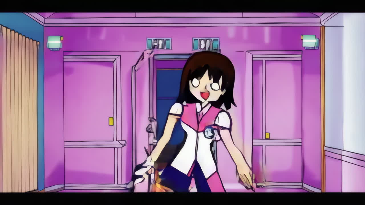 chicas de la escuela anime corriendo en el pasillo