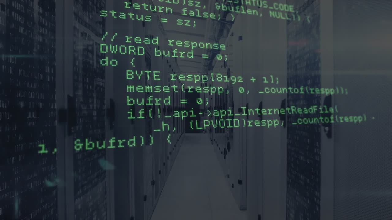 Upon opening code scrolling over server corridor revealing API calls and testing line intersections