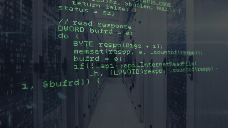 Upon opening code scrolling over server corridor revealing API calls and testing line intersections