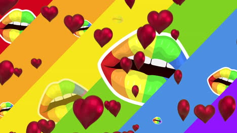 animación de corazones flotantes sobre la bandera del arco iris con labios