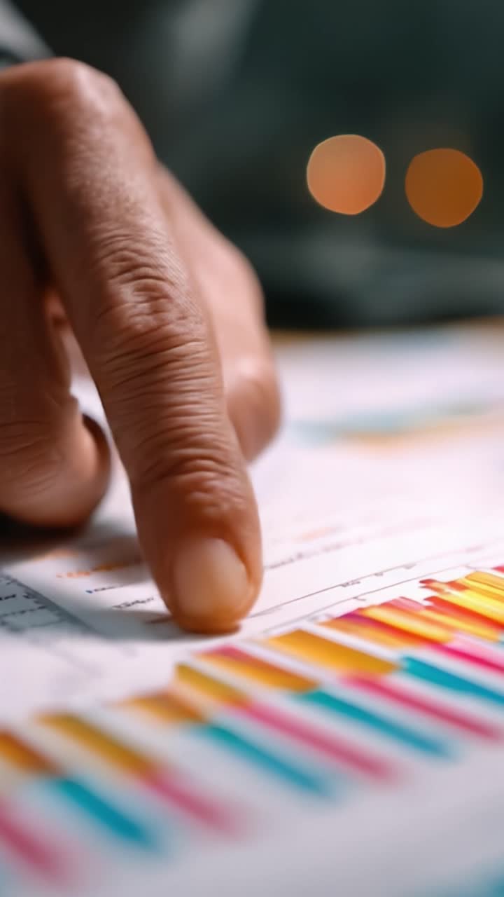 Analyzing Financial Data Visualization: A Close-Up of a Person's Hand Pointing at Colorful Graphs and Charts on Paper, Signifying Scrutiny and Insight