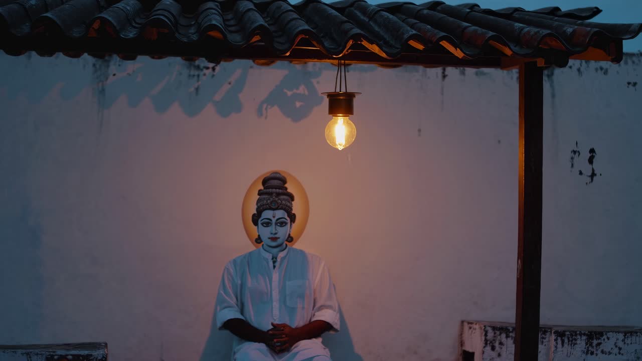 Theyyam performer standing near vibrant ritual artwork, sunset rooftop scene bathed in soft bulb light, capturing traditional Kerala performing arts ritual moment