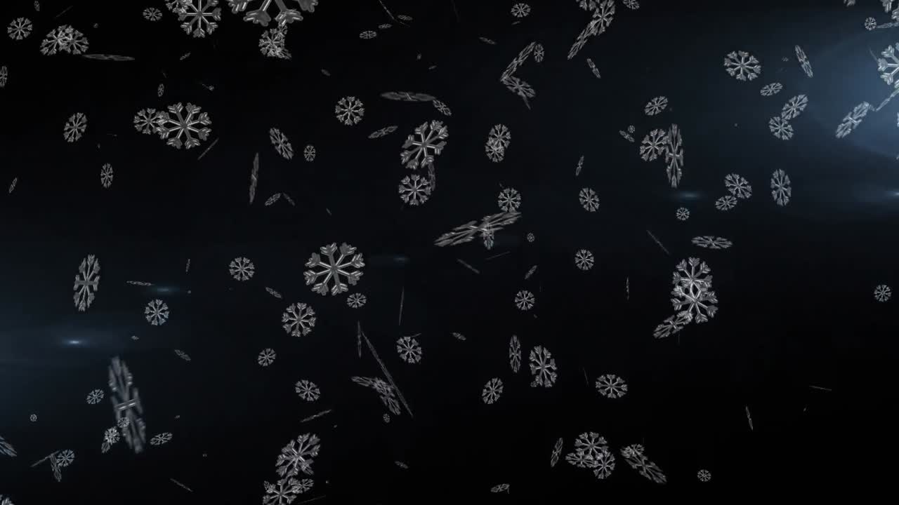 Animation of snowflakes and fireworks over dark background