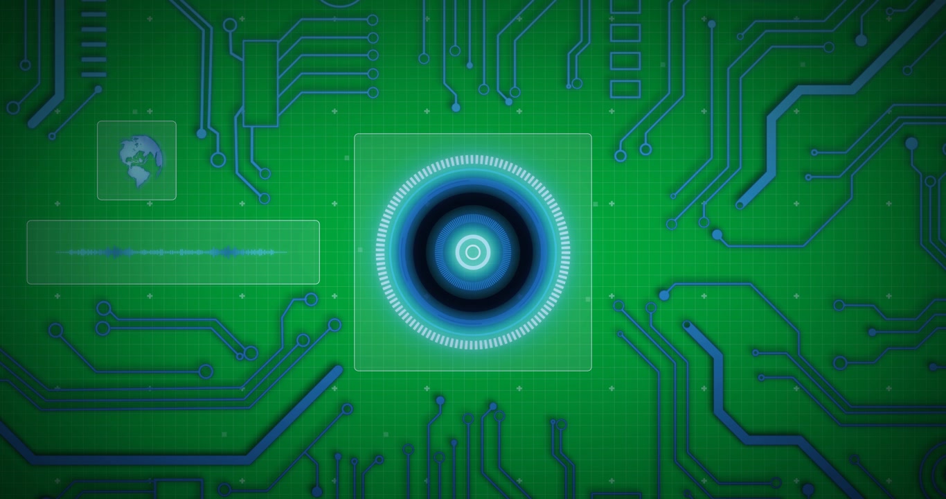 Digitaler Leiterplattenhintergrund mit HUD-Interface-Elementen