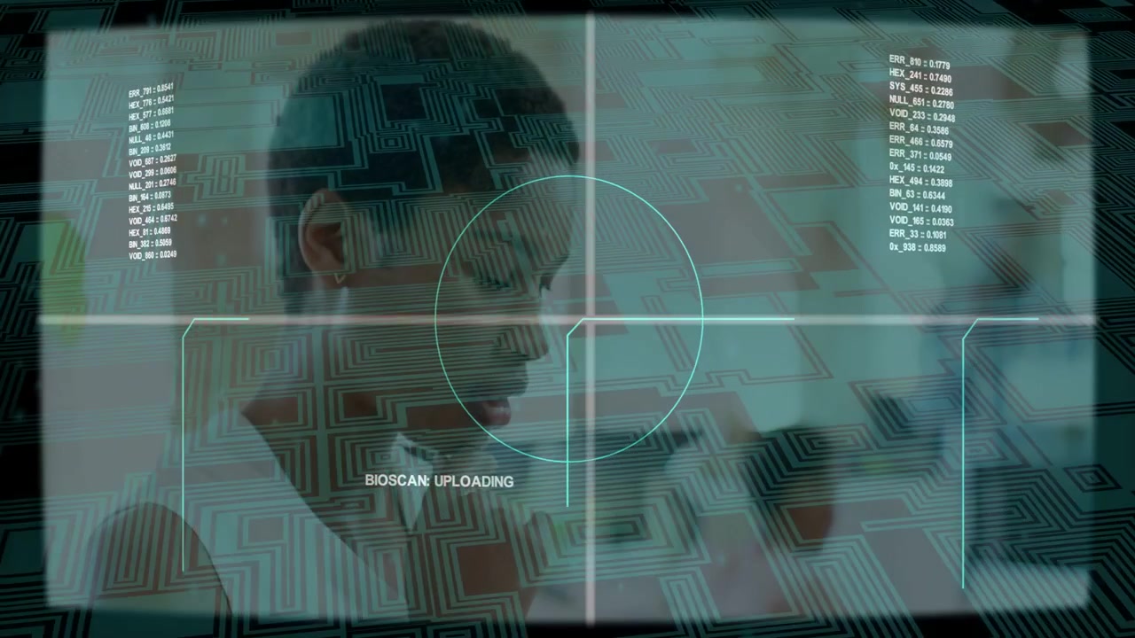 Man lowering head, woman raising hand as HUD reticle scanning faces, uploading bioscan for lab use