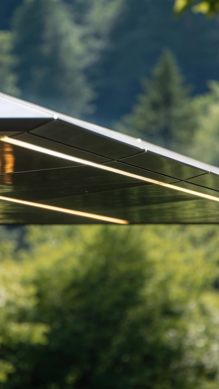 Video verticale: Telecamera che panoramica verso destra attraverso una tettoia metallica sopra un patio, mostrando un caldo bagliore LED.