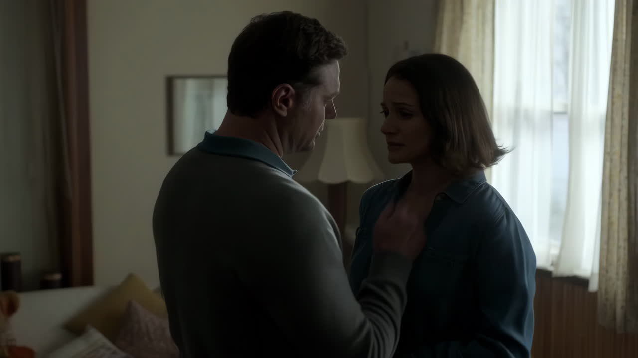 A couple embracing in a dimly lit room