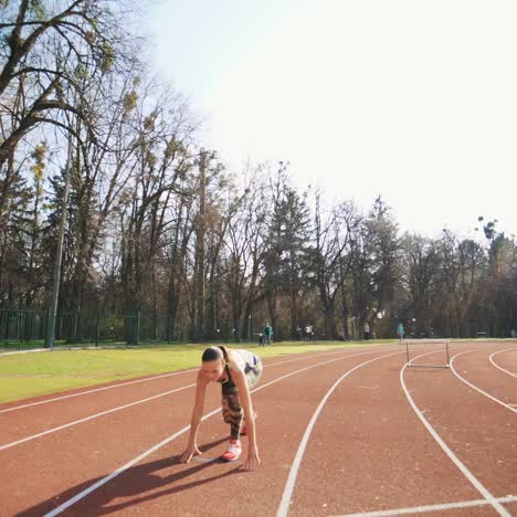 sport reaction video athletes at starting position preparing for run at the stadium. healthy fitness lifestyle