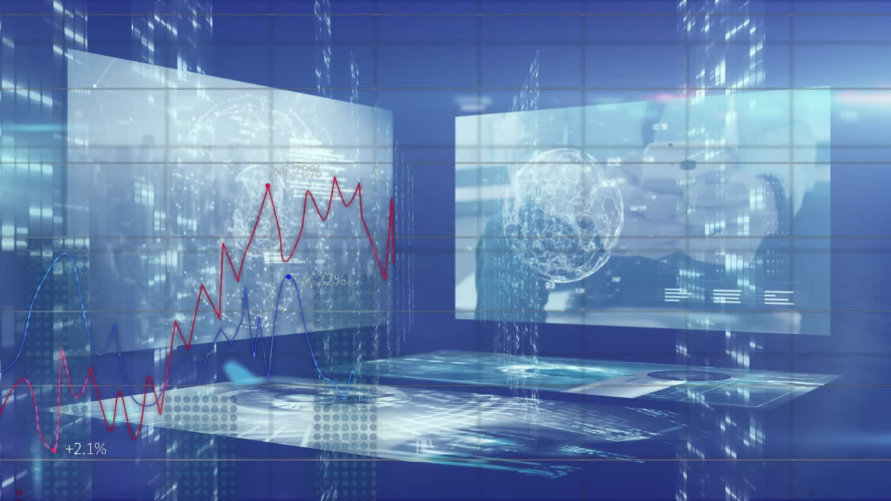 Animation of stock market display with numbers graphs and screens recording data in background