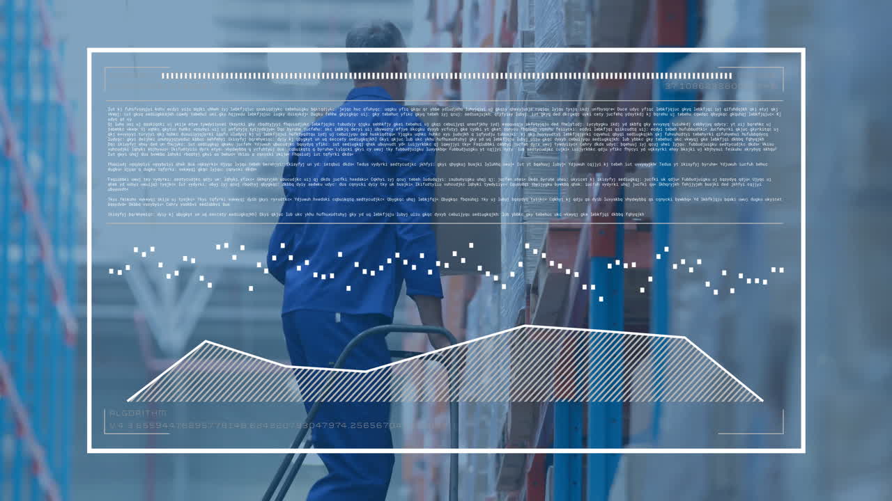 Animation of diagram and data processing over caucasian male worker carrying carton in warehouse
