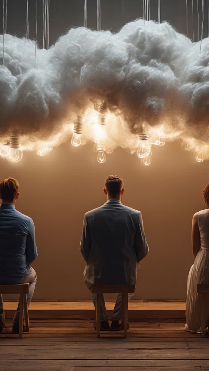 Three figures seated beneath a cloud-shaped installation made of cotton and light bulbs, symbolizing thoughts and ideas illuminated from above