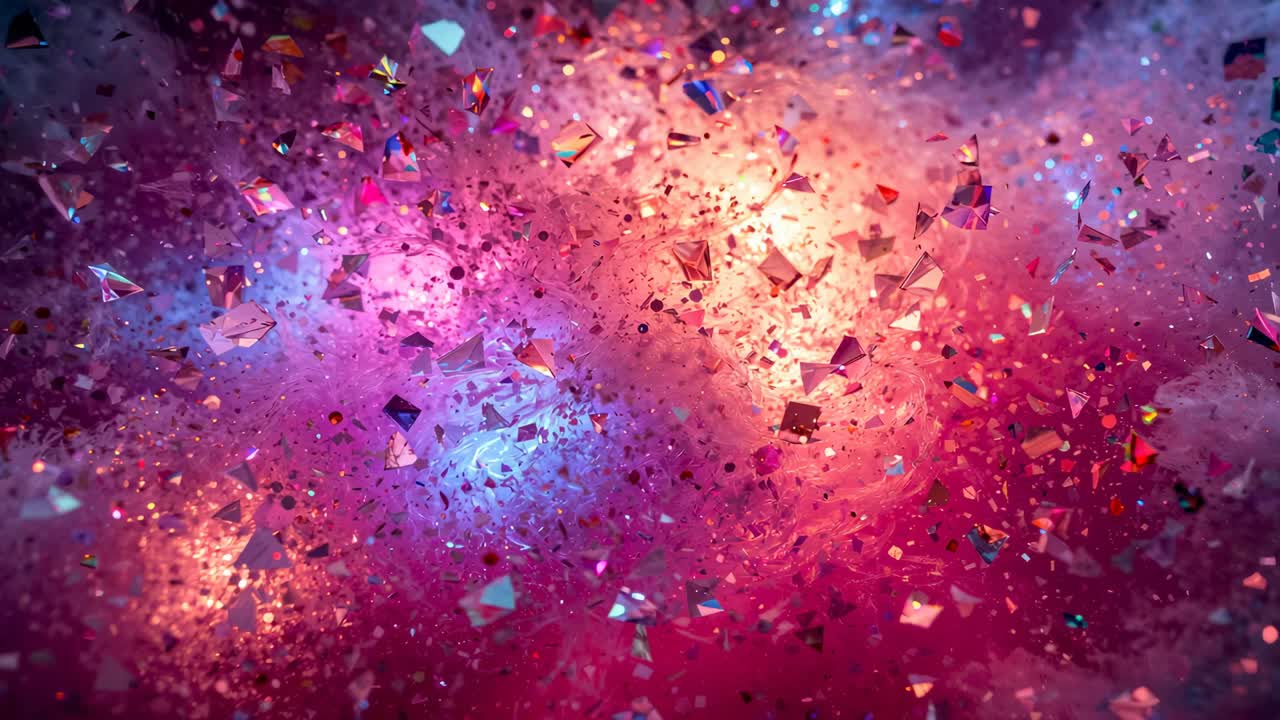 Bursting shard cloud separating, drifting outward in hazy 3D field with dust and blue-orange glows