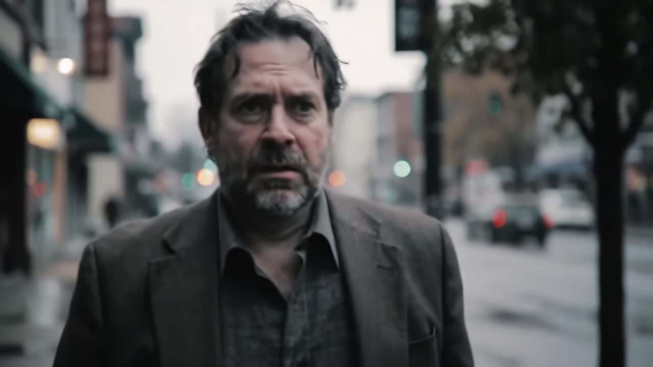 A somber figure walks through a desolate street, embodying loneliness and contemplation amidst a backdrop of urban isolation and dreary weather.