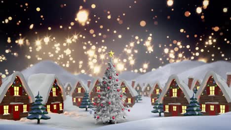 Animation-of-stars-falling-over-houses-with-fairy-lights