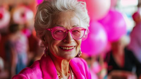 sophisticated senior lady wearing pink glasses, radiating happiness while celebrating at lively party, surrounded by festive pink balloons, showcasing vibrant senior lifestyle