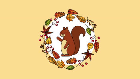 hello autumn season with chipmunk and leafs crown animation