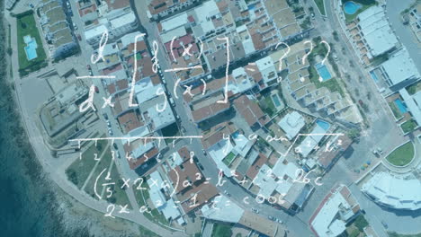 coastal mediterranean rooftops appearing in aerial view, featuring chalk math overlay in 3d render