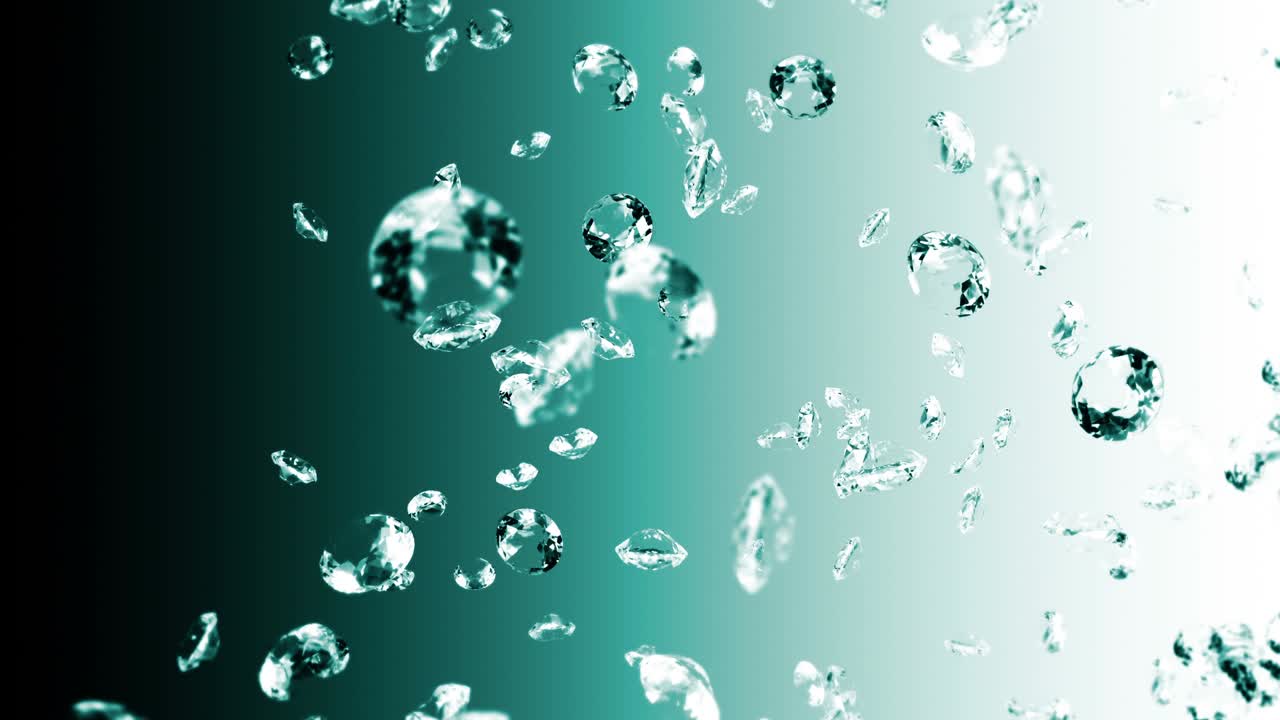 에메랄드 녹색 바탕에 많은 보석 다이아몬드를 날아. 투명하고 귀중한 보석을 빛니다. 화려한 다이애몬드 회전의 3d 애니메이션. 루프 애니메이션.