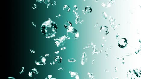 flying many jewelry diamonds on emerald green background. shine transparent, precious gem. 3d animation of brilliant diamond rotating. loop animation.