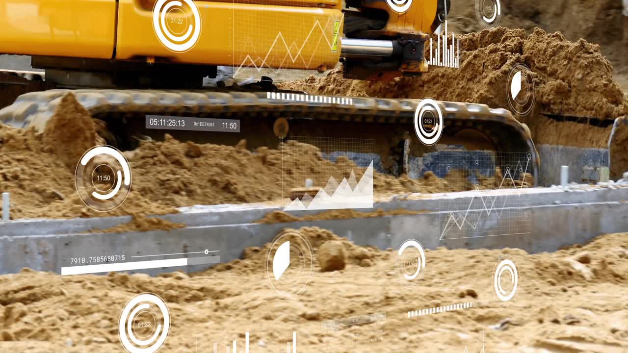 Upon engaging sand, excavator track pushing clumps into trench and leveling bed with gauge overlays