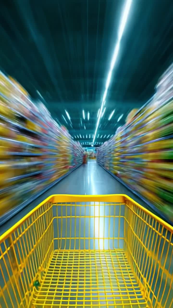 A Motion Blur Perspective of a Shopping Cart in an Aisle Surrounded by Vibrant Products, Capturing the Essence of Grocery Shopping Experience