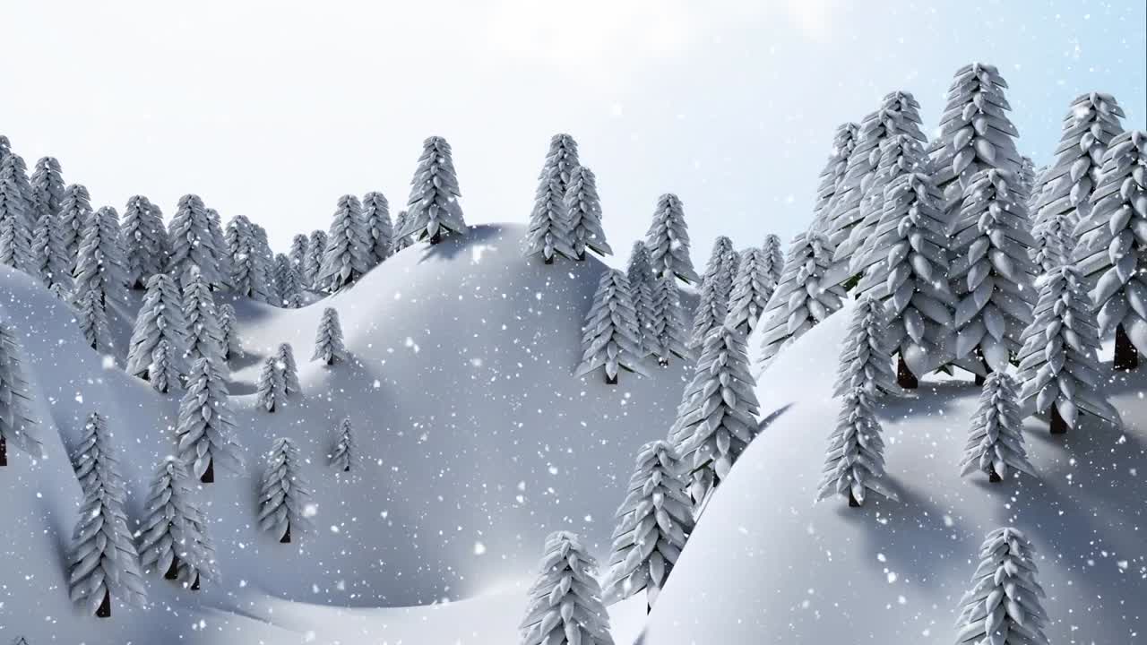 푸른 하늘을 배경으로 겨울 풍경에 여러 나무 위에 눈이 내리고 있습니다.