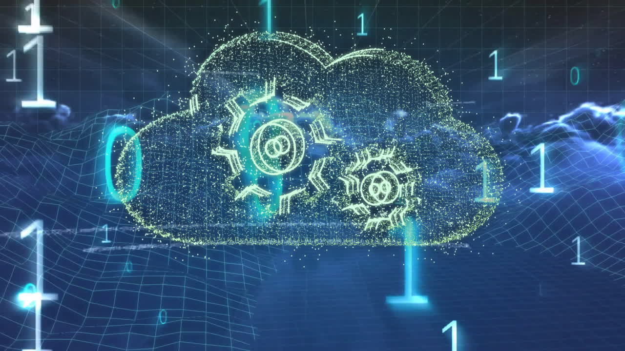 animación de computación en la nube con engranajes y código binario sobre fondo de cuadrícula digital