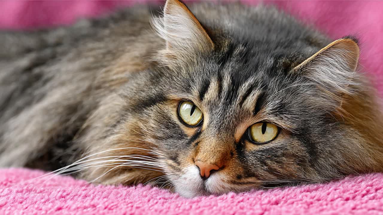 Un gatto bello e rilassato su uno sfondo rosa, catturato in due fotogrammi: si gode un momento di calma con occhi accattivanti che ne esaltano la bellezza e la serenità