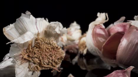 moving macro view past garlic cloves and garlic bulbs on black glass and black background, amazing closeup footage