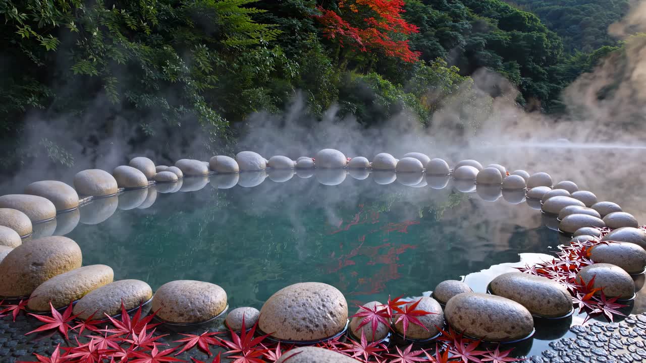 A serene hot spring surrounded by stones and autumn leaves, captured from a low angle