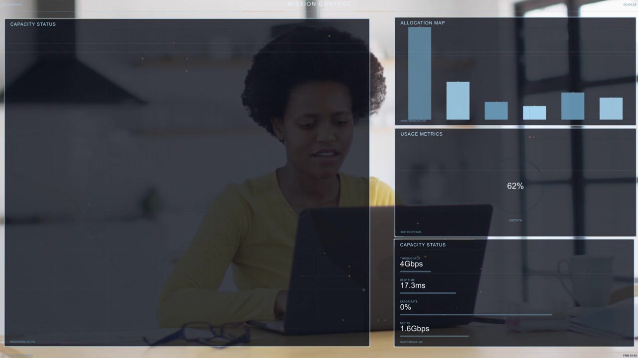 Woman typing on laptop in kitchen, activating dashboard overlay updating live tech usage stats