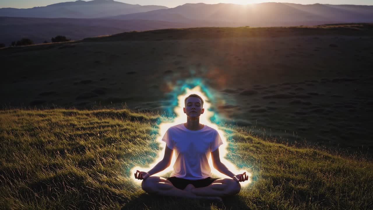 Young man sits in a meditative pose on a grassy hilltop at sunset, surrounded by a glowing aura, suggesting a deep connection with nature and inner peace