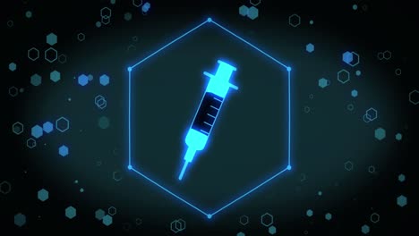 animación del icono de la jeringa sobre hexágonos sobre fondo negro