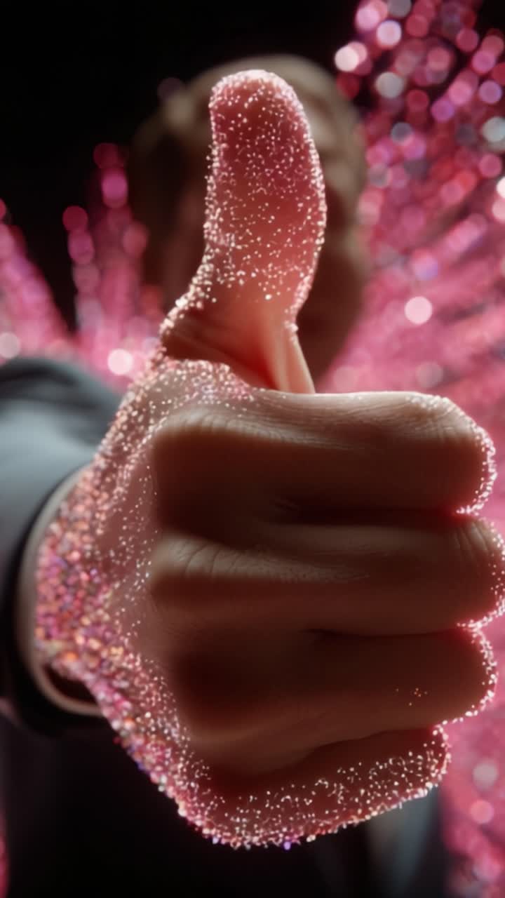 Un primo piano di una mano che fa il pollice in su, circondata da vivaci particelle rosa che creano un effetto visivamente sorprendente, a simboleggiare positività e successo.