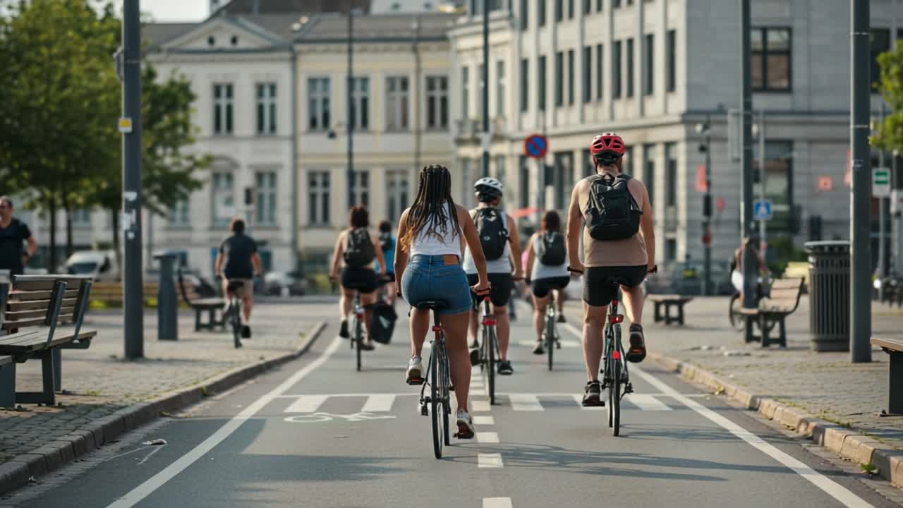 A group of people cycling on a bike lane in a European city on a sunny day