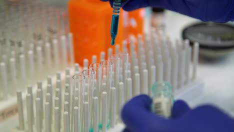 un científico con manos con guantes azules deja caer un líquido azul de una pipeta para llenar viales de plástico transparentes