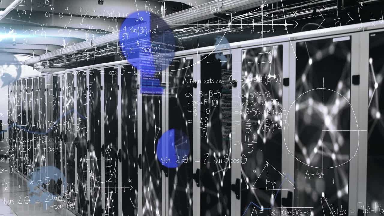 animación de puntos conectados con líneas, destello de la lente y interfaz infográfica sobre la sala del servidor