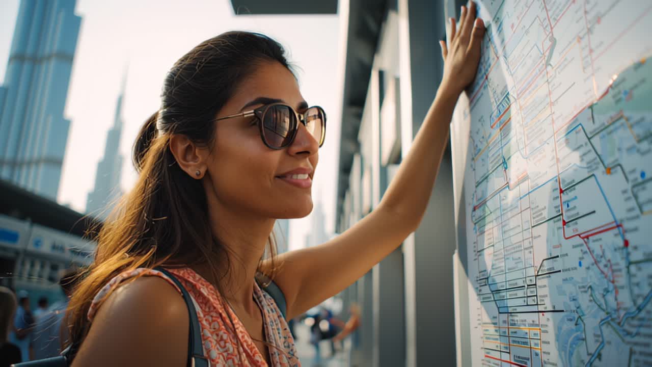 Close-up footage of a young woman wearing sunglasses studying a public transport route map at an urban station platform, planning travel directions in the city