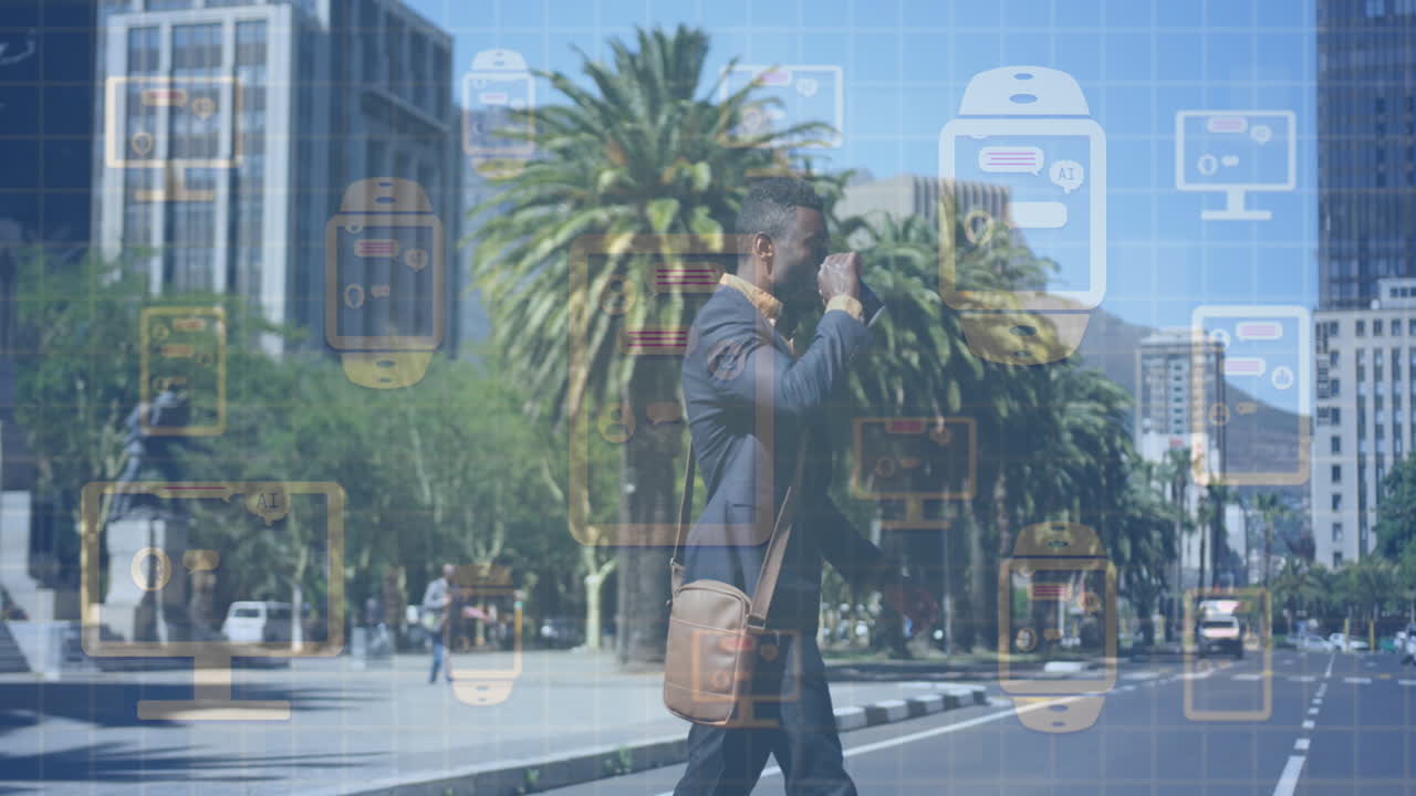 아프리카계 미국인 사업가에 대한 온라인 채팅 및 전자 장치의 데이터 처리 애니메이션