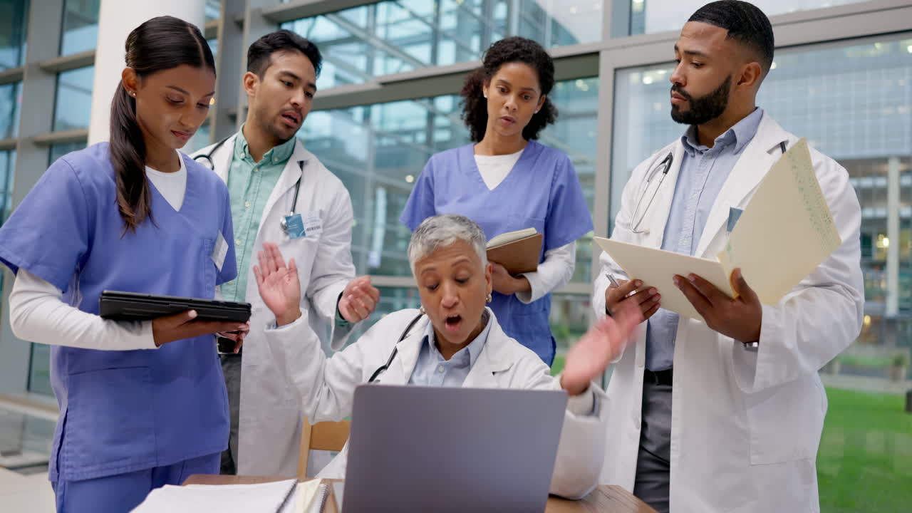 Team of doctors, argument and fight with laptop