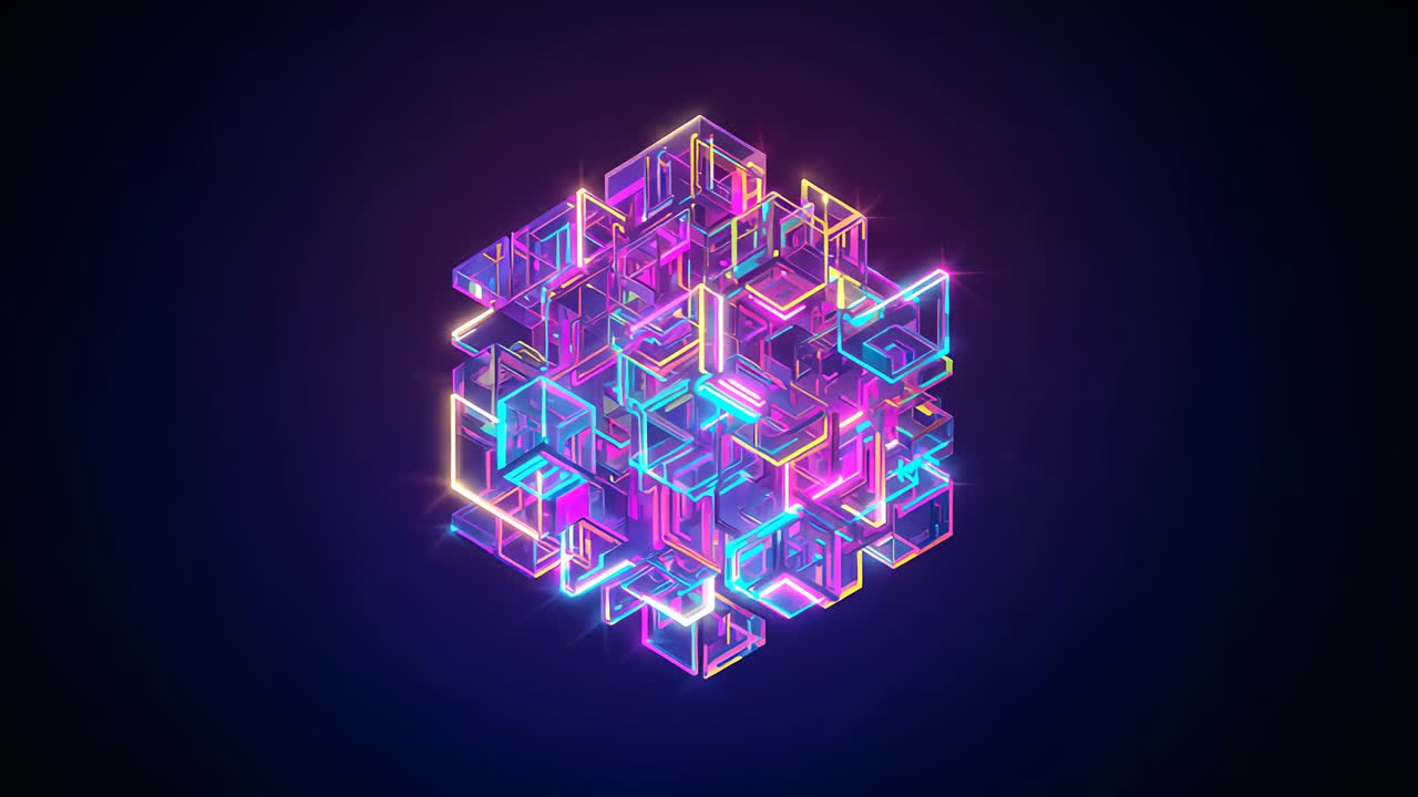 Rotating transparent cube cluster expanding on start in dark purple void, revealing neon edges
