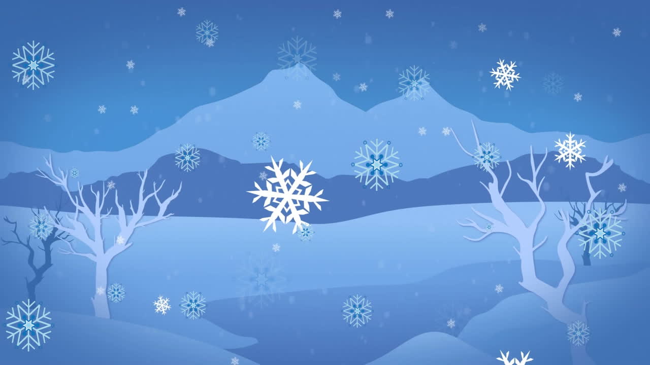 Animation of snow flakes falling over winter scenery background
