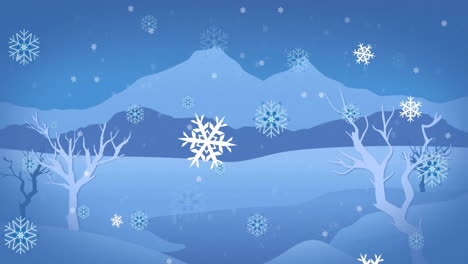 animation of snow flakes falling over winter scenery background