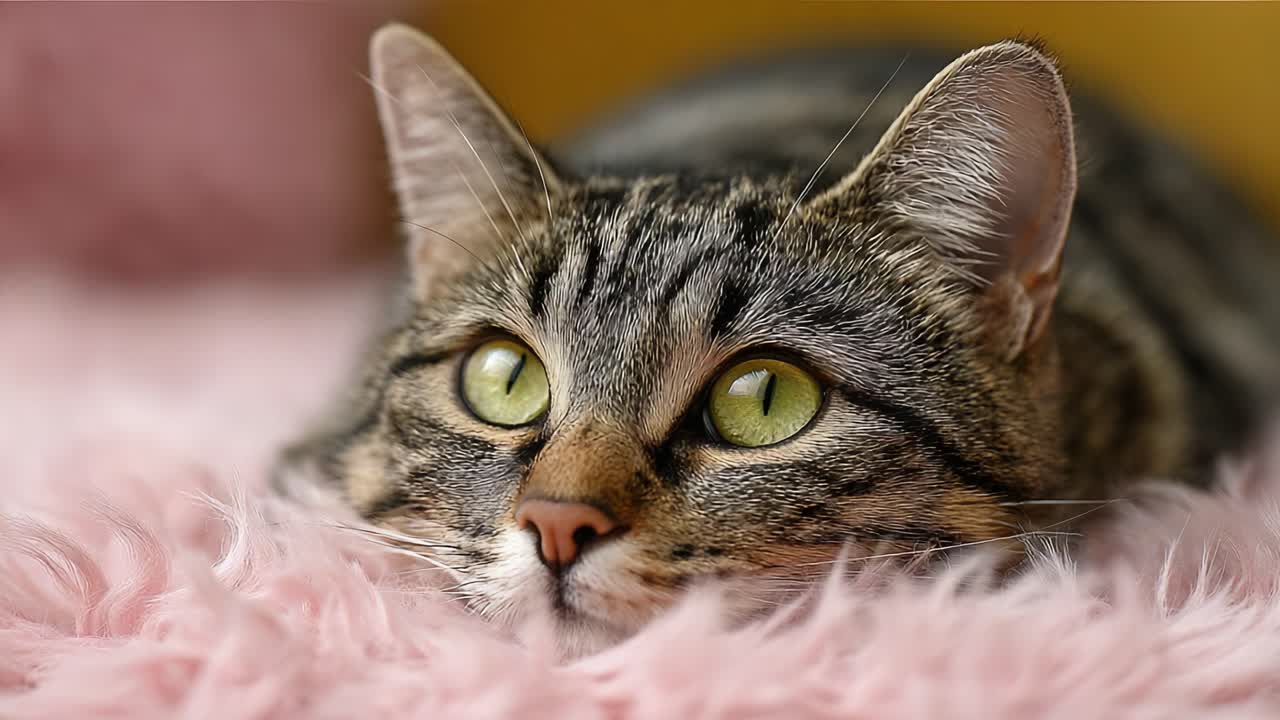 Primo piano accattivante di un gatto che riposa su una comoda coperta rosa, che mette in mostra i suoi sorprendenti occhi verdi e l'espressione rilassata in un ambiente interno caldo