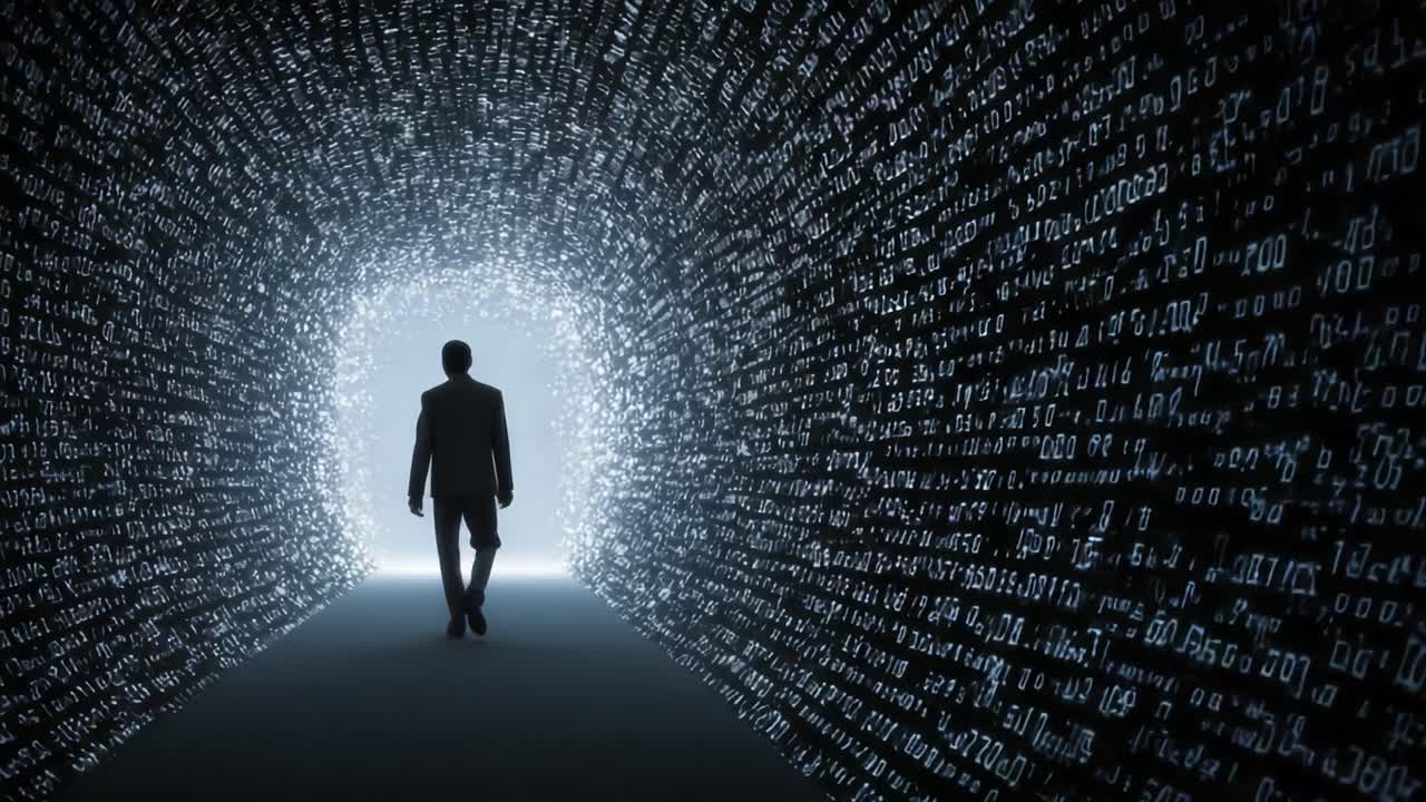 A solitary figure walks through a digital tunnel illuminated by streams of binary code, symbolizing the journey through data and the endless possibilities of technology